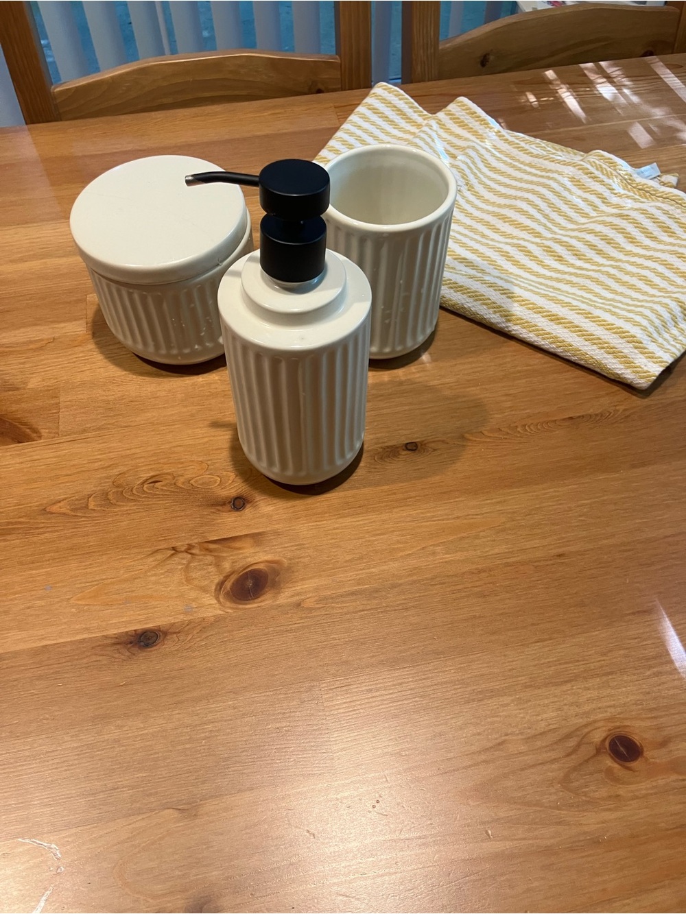West Elm Cream Ceramic Bathroom Accessory Set with Black Pump